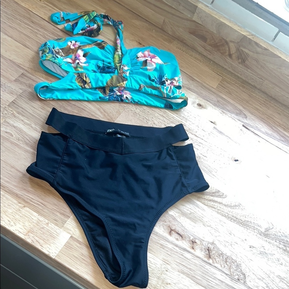 Zara Turquoise Floral and Black Bikini Set